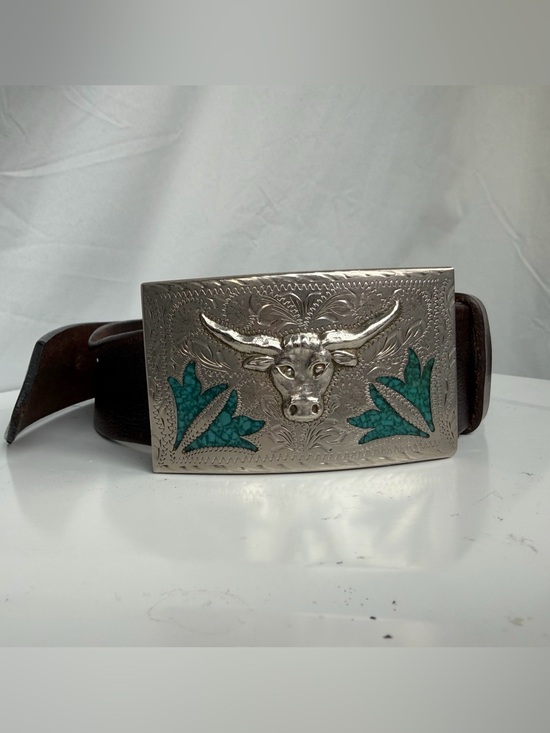 Source Unknown Other - Western Silver Bull Head Belt Buckle with Turquoise Inlay